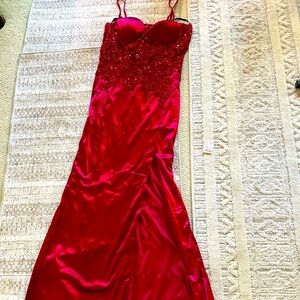 Elegant Red Gown with Beaded Bodice